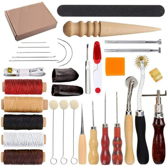 STONCEL 33pc DIY Leather Craft Hand Kit Tools Set for Sewing Stitching Stamping Carving Saddle Leather Artwork Accessories Awl Thimble