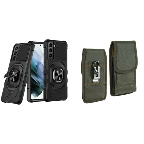 Case with Belt Holster Bundle for Samsung Galaxy S22: Heavy Duty Shield Cover (Black) and Vertical Rugged Nylon Phone Pouch (Midnight Green)