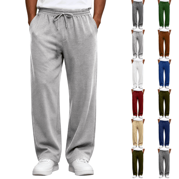 Fleece Lined Sweatpants Men Uncuffed Open Bottom Loose Fit Joggers Wide Leg Athletic Lounge Pants Drawstring Waist Sweat Pants with Pockets Light Gray S