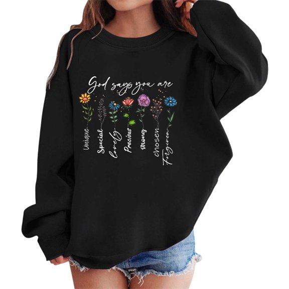Confree Sweatshirts For Girls Spring Autumn Graphic Print Long Sleeve Sweatshirt Dailywear Casual Comfortable Toddler Girls Pullover Top Size 3-4 Years Black