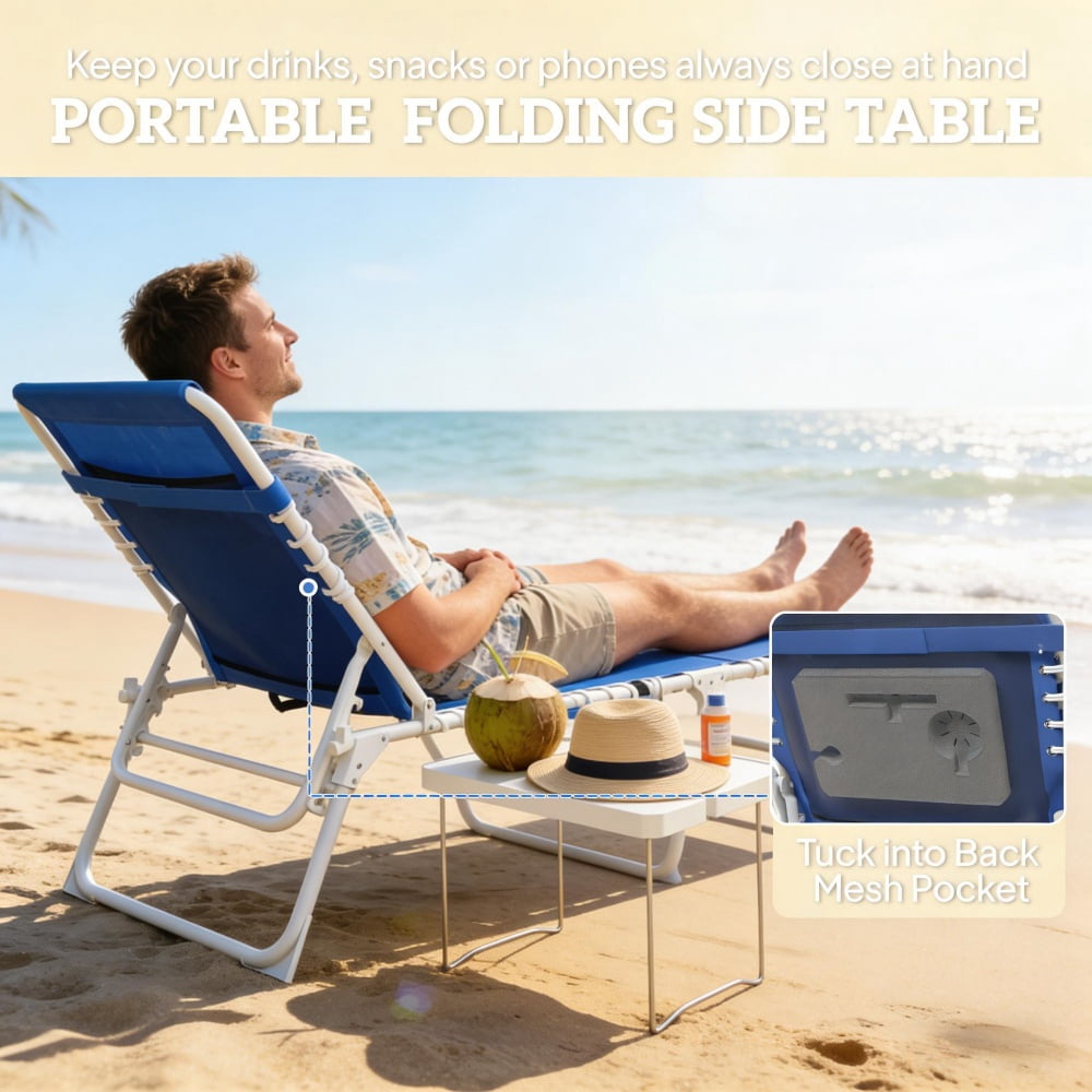 4-Piece Outdoor Patio Lounge Set 2 Folding Beach Loungers & 2 Side Tables 5-Position Adjustable Backrest with Face & Arm Holes Breathable Mesh Portable Pool Chairs with Carry Strap