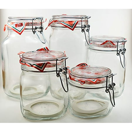 Bormioli Rocco Glass Pilsner Glass - Glass Canning Canister Jars - Bormioli Rocco Fido Set of 5 (Five) jars - sizes: .5L, .75L, 1L, 1.5L and 2 Liters