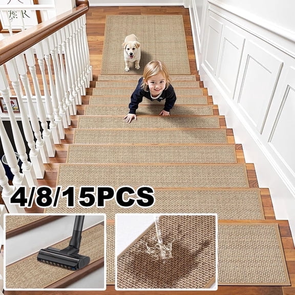 Indoor Wooden Steps Non-Slip Stair Treads, 8" x 30" (4 pack) Carpet Floor Mat, Pet Mat, Style Stair Treads, Safe for Pets, Kids and Elderly, Brown