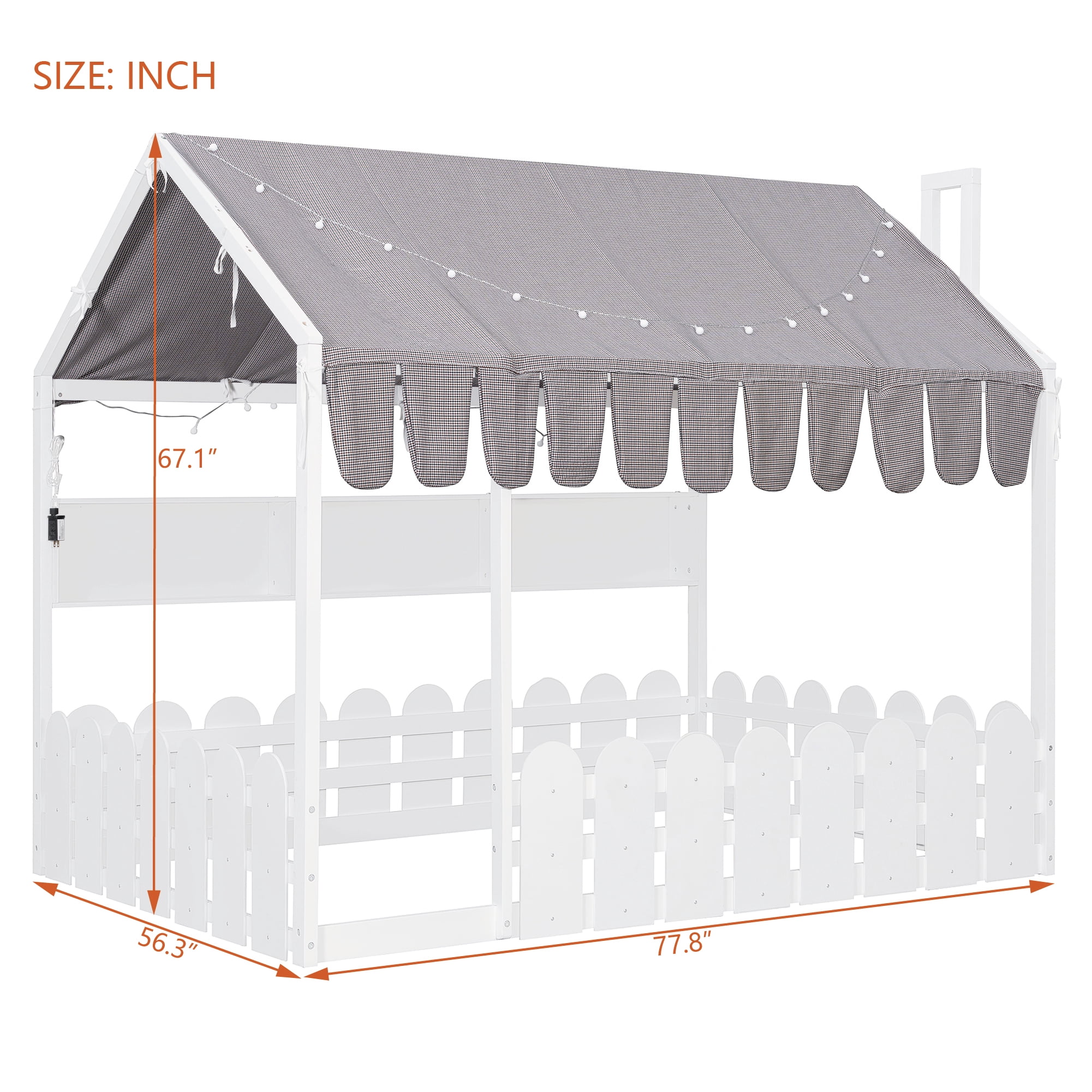 Sailvan Full Size Montessori House Bed for Kids, Floor Bed with Fence Railings, Slats not included