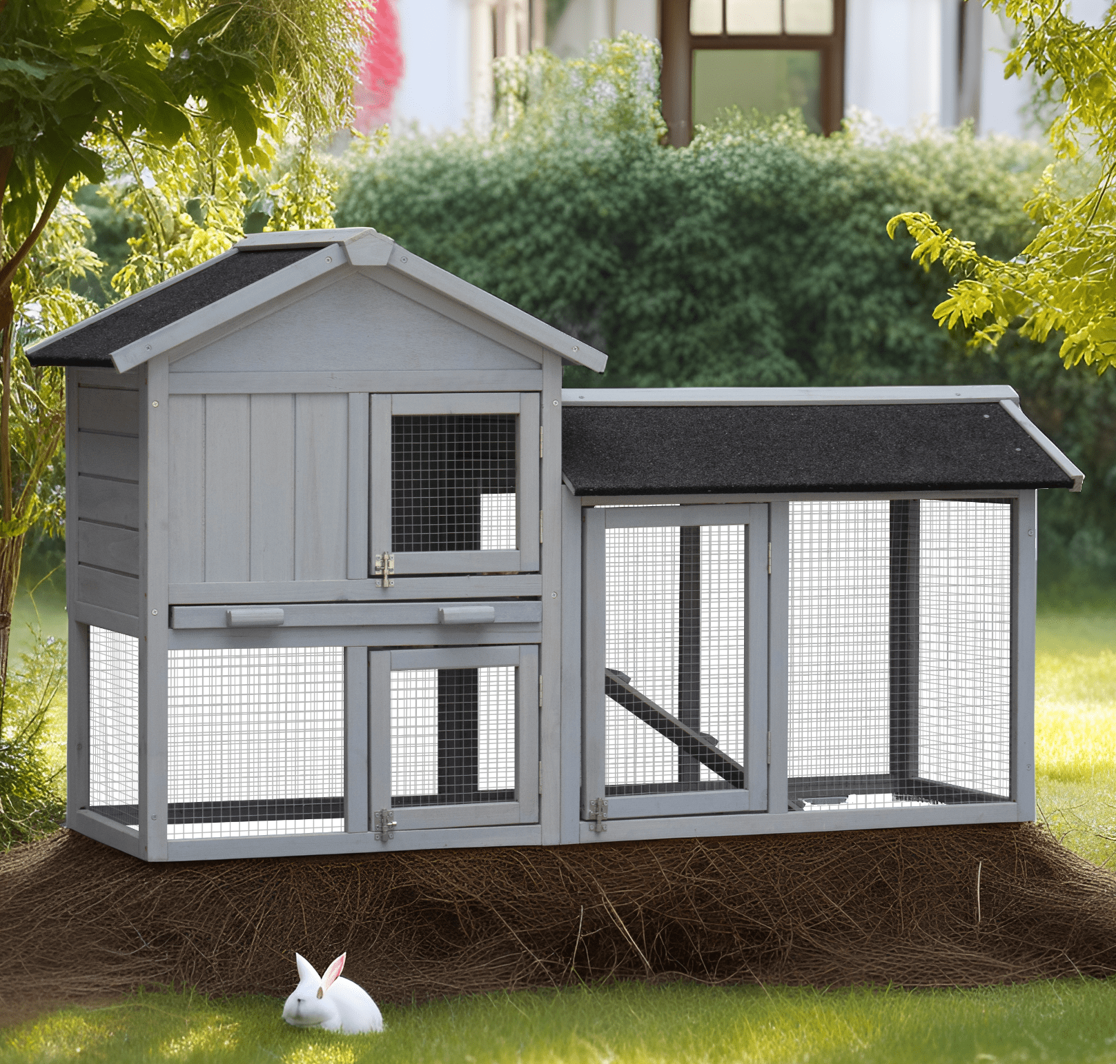 Anykoon Rabbit Hutch With Large Run Space Outdoor&Indoor Bunny Cage ,Extensible Chicken Coop with No Leak Plastic Tray