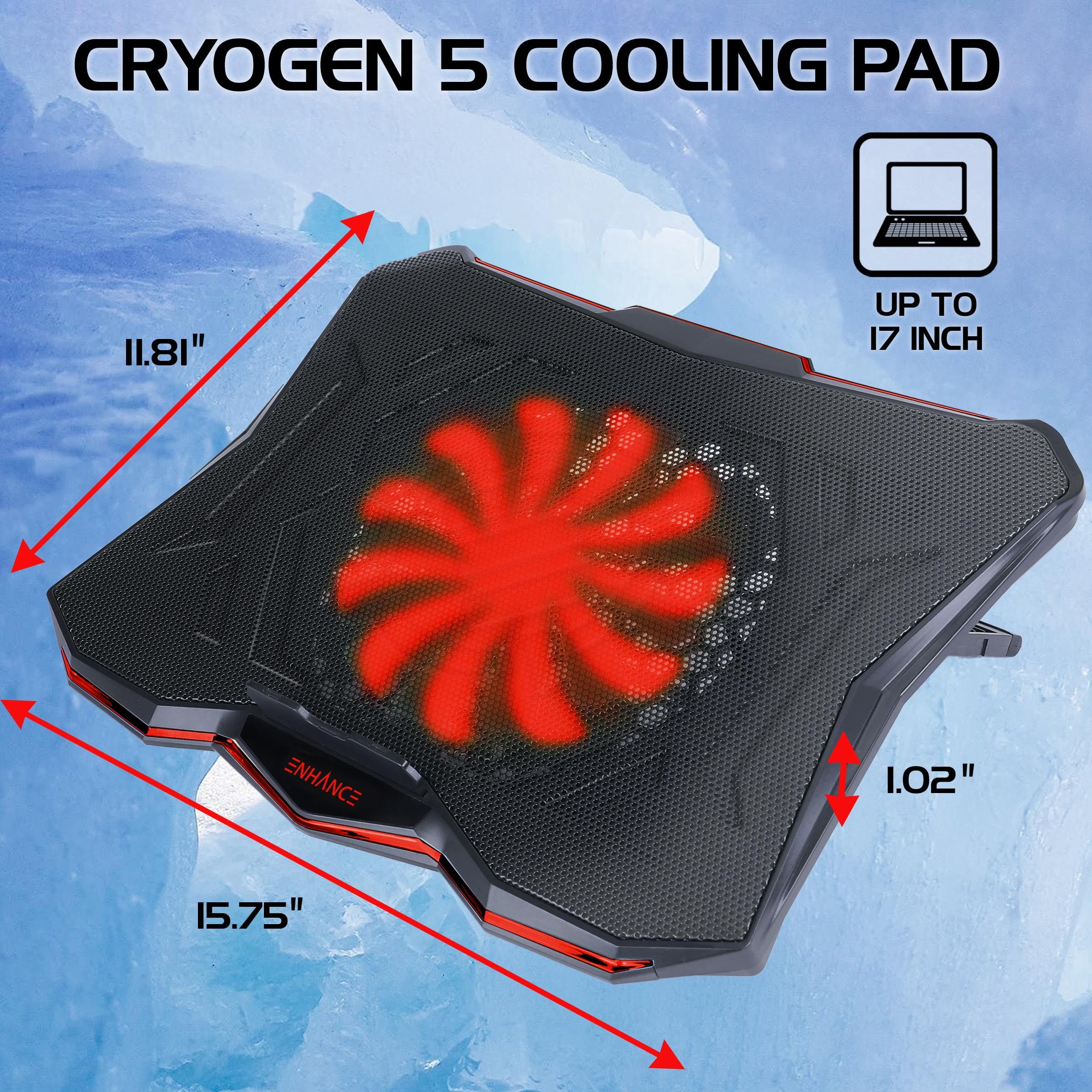 ENHANCE Cryogen 5 Gaming Laptop Cooling Pad Stand, Adjustable Height, USB Ports, 800 RPM - Red
