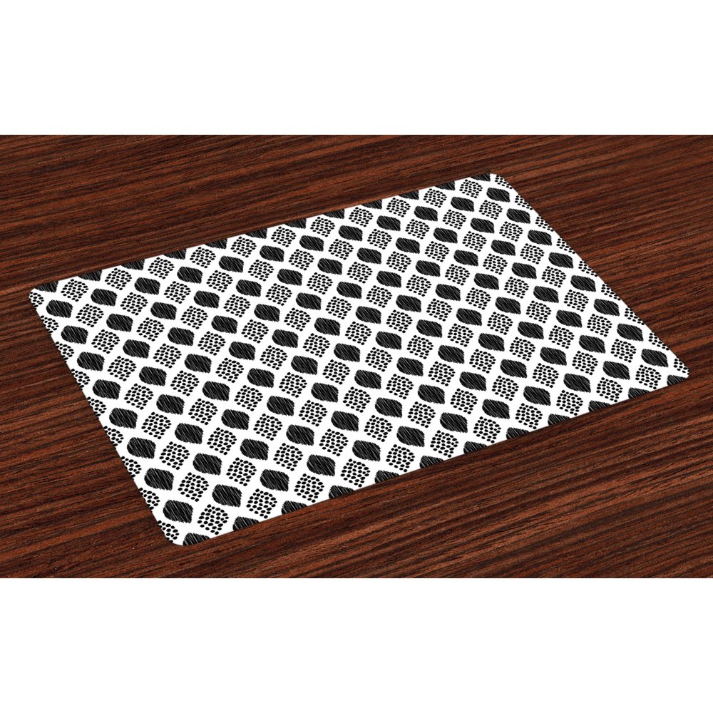 Black and White Placemats Set of 4 Scribble Pattern with Abstract Black