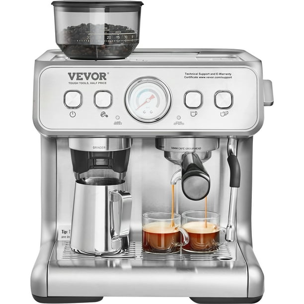 VEVOR Cafetera espresso con molinillo, cafetera espresso semiautomática de 15 bares con varilla de vapor espumador de leche, tanque de agua extraíble y manómetro para capuchino, latte, machiato