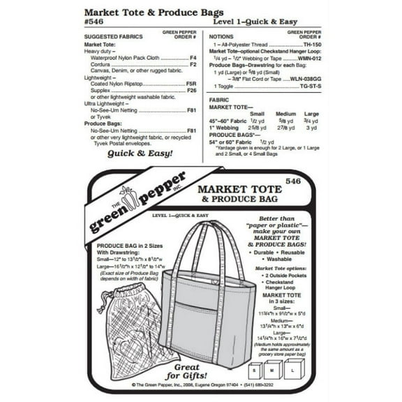 Market Tote & Produce Bag Grocery Shopping Bag Purse #546 Sewing Pattern (Pattern Only)