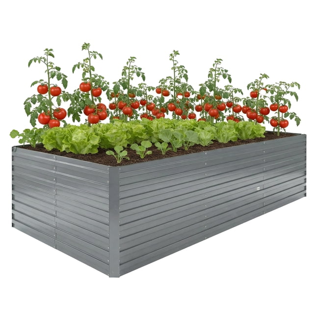 Outsunny Galvanized Raised Garden Bed, 8' x 4' x 2' Planter Box Light Grey