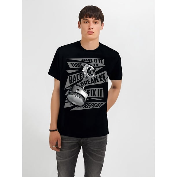 Camiseta divertida de 220 g con texto "Build It Tune It Race It Break It Fix It Repeat" para adultos, hombres, mujeres, adolescentes, jóvenes