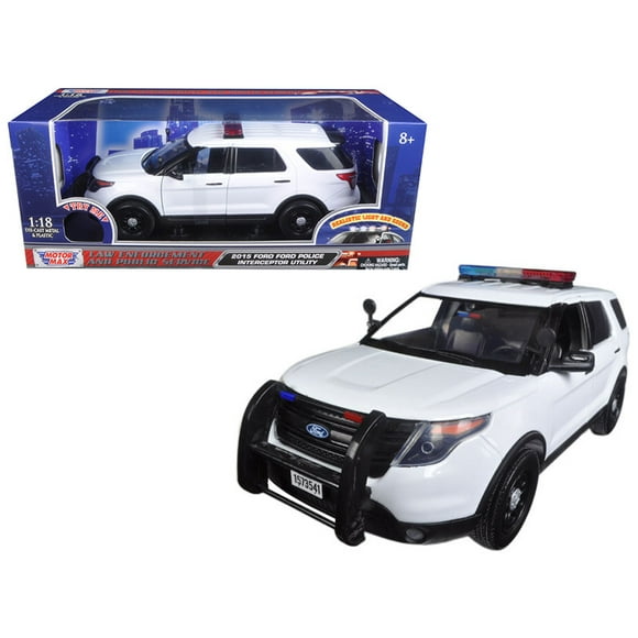 2015 Ford Intercepteur de Police Blanc avec Barre de Lumière Clignotante, Feux avant et Arrière et 2 Sons 1/18 Voiture Modèle Moulé par Motormax