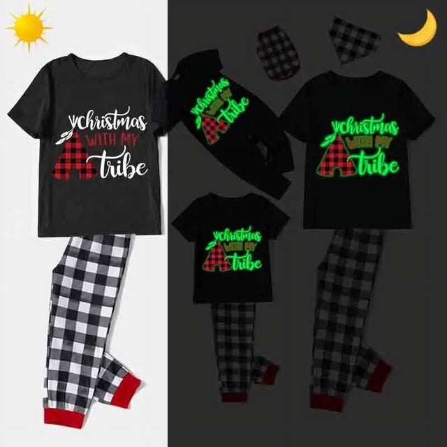 Pijama familiar a juego de Navidad, luminoso, brillante, con mi tubo, negro, corto
