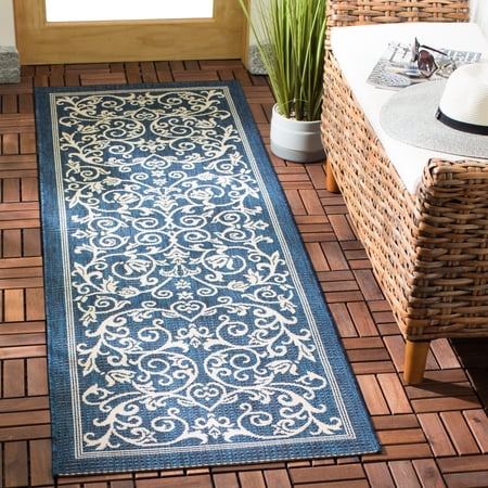 Safavieh Courtyard Nanda Botanical Indoor/Outdoor Runner Rug Navy/Beige 2 3 x 6 7