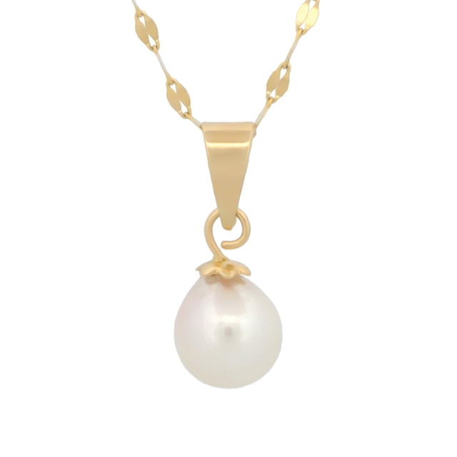 Cadena y Dije Perla 7 Mm Oro Sólido 10k