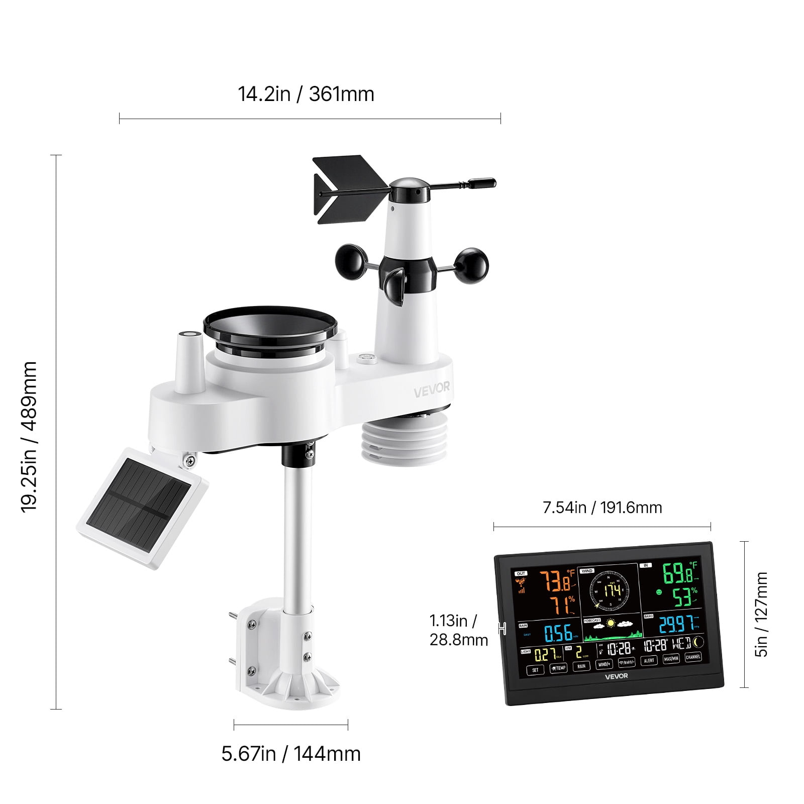 VEVOR 7-in-1 Wireless Weather Station, 7.5-Inch VA Display, Solar Powered Outdoor Sensor, Rain Gauge, Indoor Outdoor for Weather Forecast, Temperature, Humidity, Wind Speed and Direction (No WiFi)