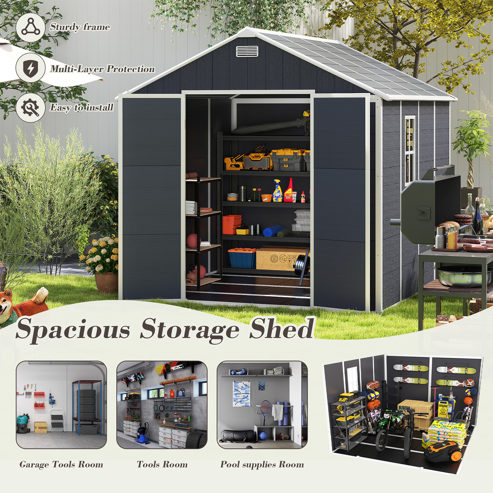 8x8 FT Resin Outdoor Storage Shed, Waterproof Plastic Garden Shed, Large Storage Space, Lockable Doors & Windows, Plastic Tool Shed, 12mm Thick PP Board (4X8 FT)