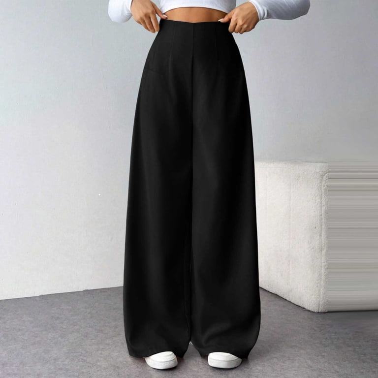Yydgh Women's Wide Leg Pants High Waist Side Zipper Dress Pants Casual Loose Fit Palazzo Trousers with Pockets Going Out, Size: XL, Black