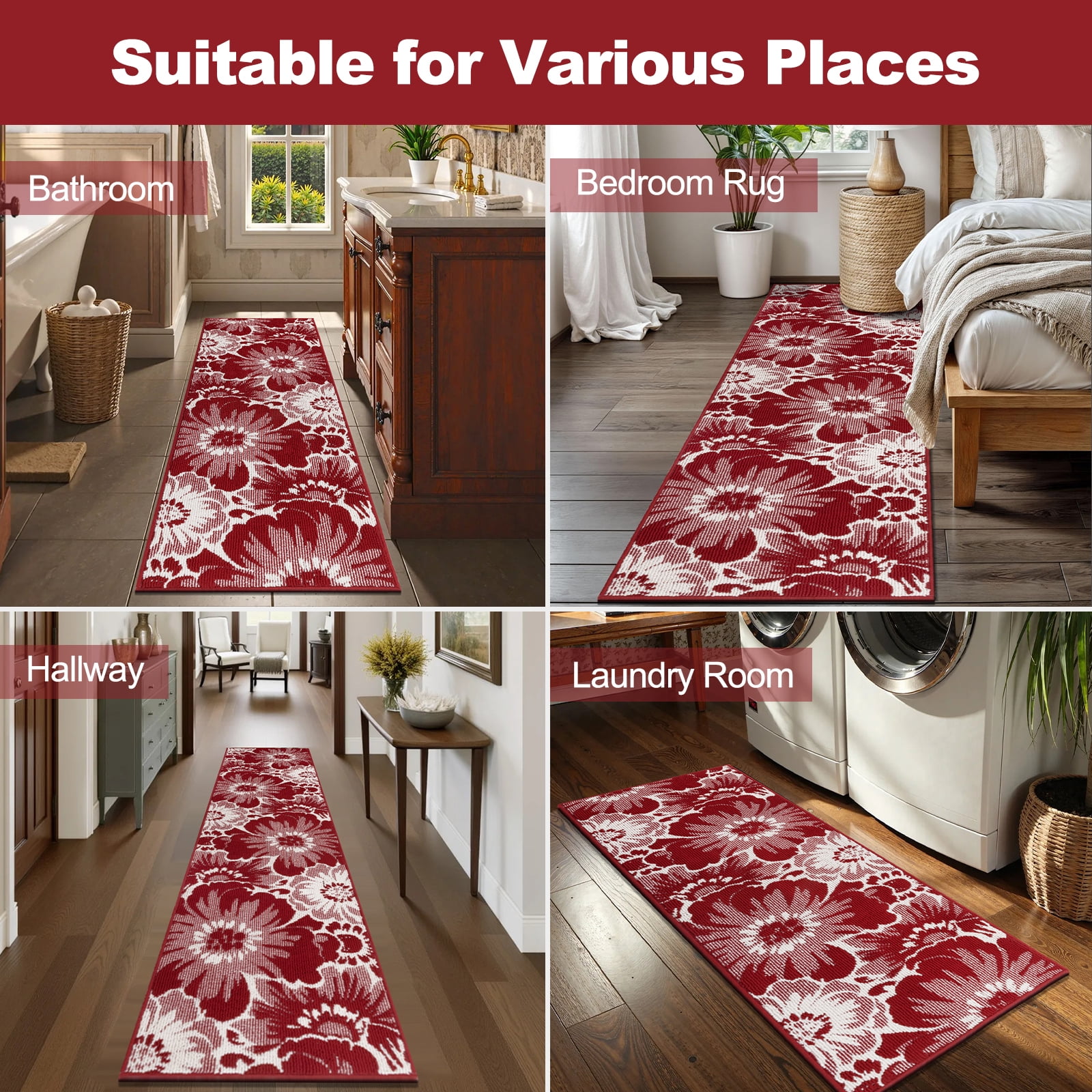 Findosom Runner Rug for Hallway 2x6 ft,Non-slip Machine Washable Runners Flower Floor Mats Low Pile Carpet Rug Runner with Rubber Backing for Entryway Doormat Bathroom Kitchen Laundry Room,Red