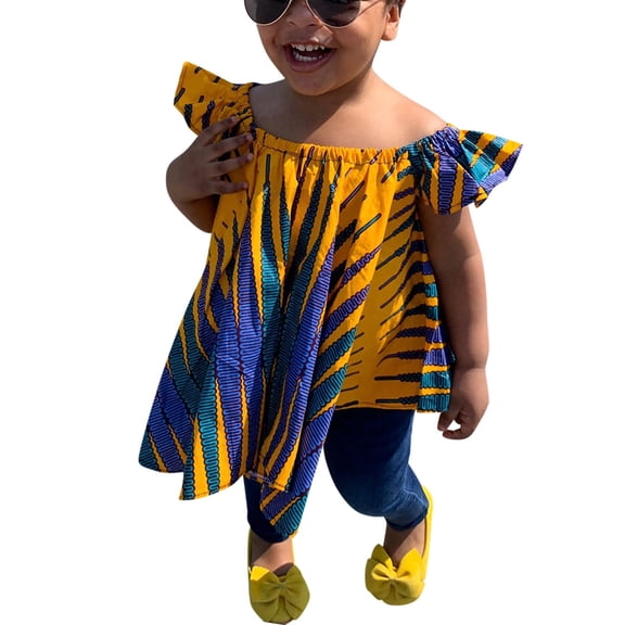 Coerni Girls African Clothes Kids Off Shoulder Shirt Summer Outfits Traditional Dashiki Ankara Toddler Girls Tees Tops