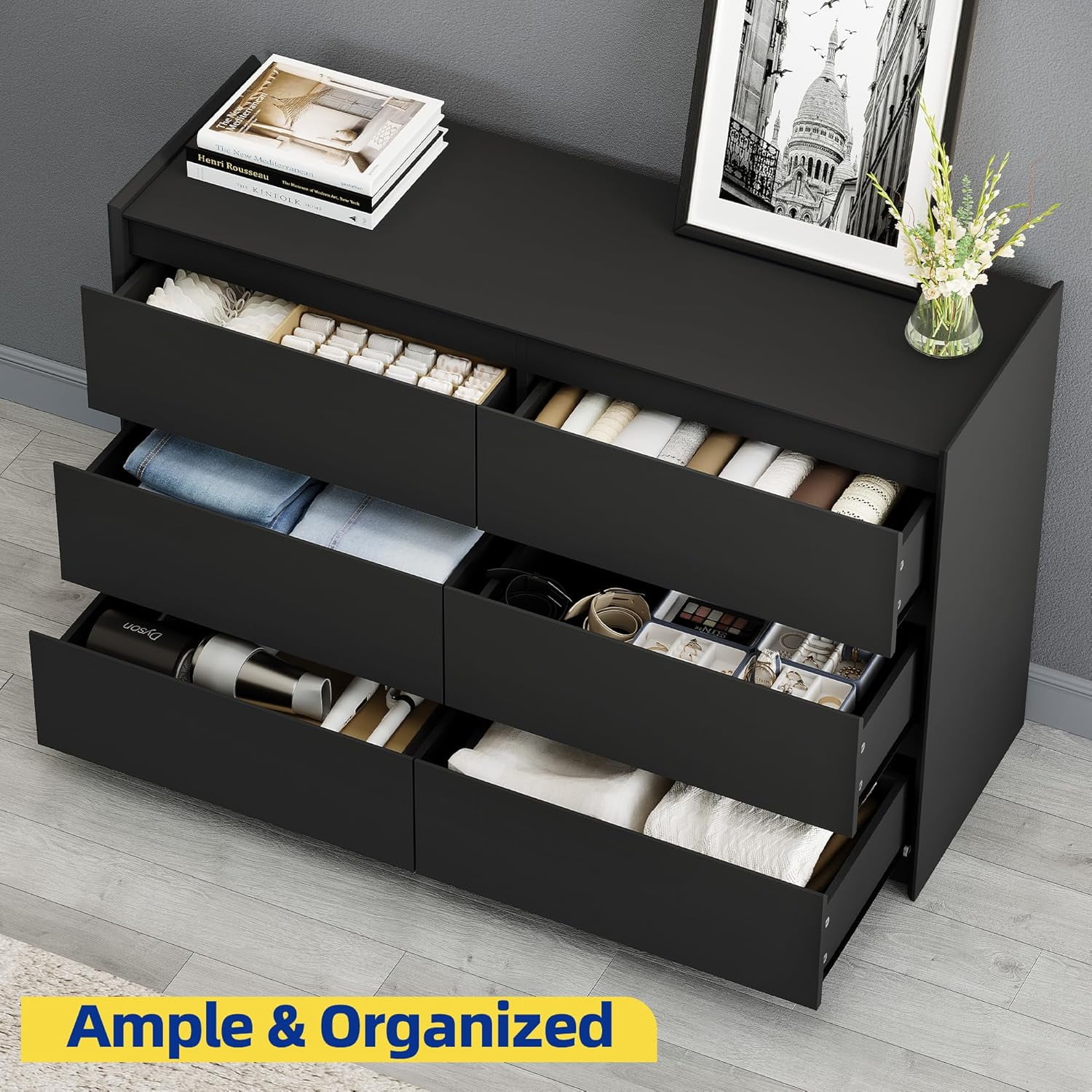 Black Dresser for Bedroom, 47" Wide Chest of Drawers, Simply Modern 6 Drawer Storage Organizer for Closet, Hallway, or Living Room
