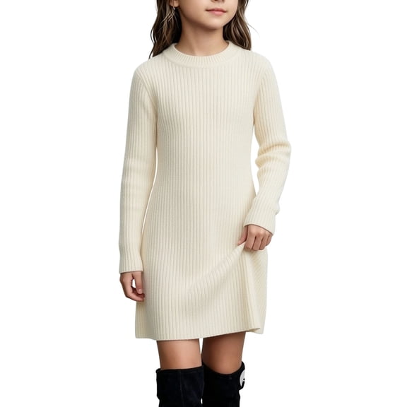 Qingpeng Girls Dress Long Sleeve Ribbed Knit Pullover A Line Crewneck Casual Fall Winter Everyday Wear for Girls
