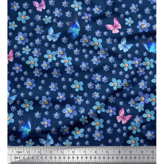Soimoi Crepe Silk Fabric Butterfly & Flower Decor Fabric Printed Yard 42 Inch Wide