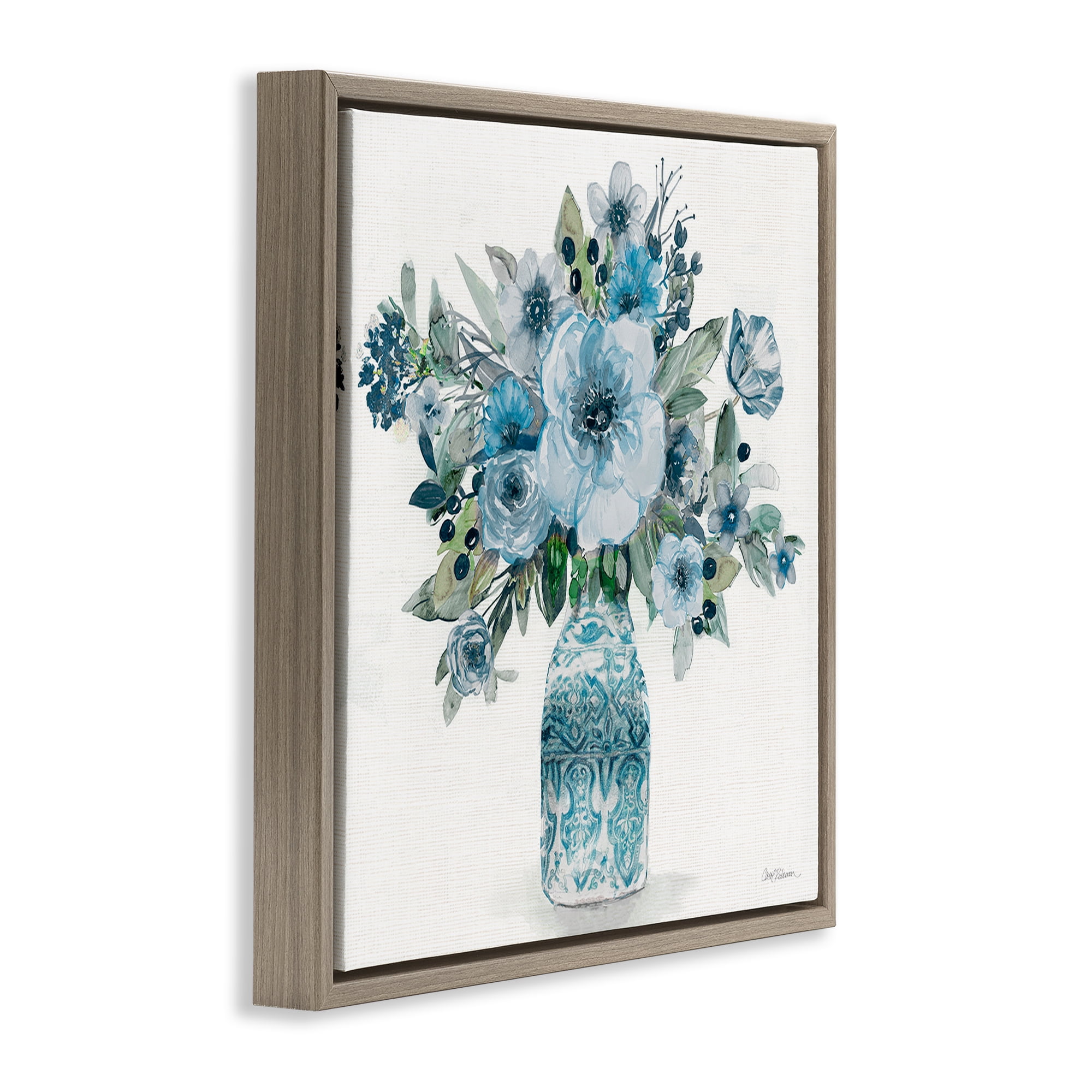 Stupell Industries Pastel Blue Botanical Bouquet Brown Framed Floater Canvas Wall Art, design by Carol Robinson
