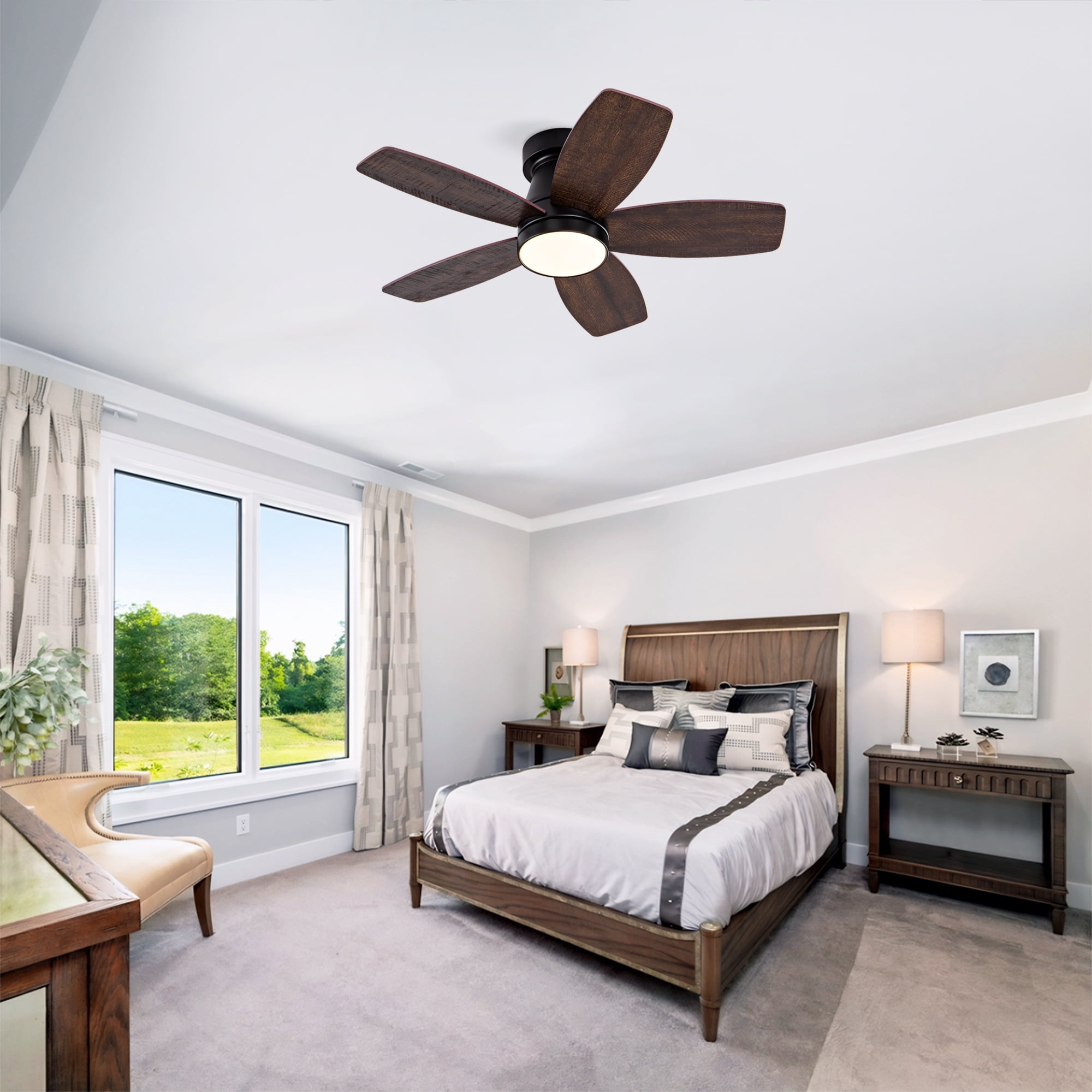 Ceiling Fan with Lights, 32 Inch Low Profile Flush Mount Reversible DC Motor Remote Fan for Bedroom Home, Black Dark Walnut