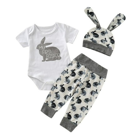 

EHTMSAK Infant Baby Toddler Girl 3PCS Summer Clothing Set Short Sleeve Outfits Bodysuit and Pants Set with Hat Gray 3M-18M 70
