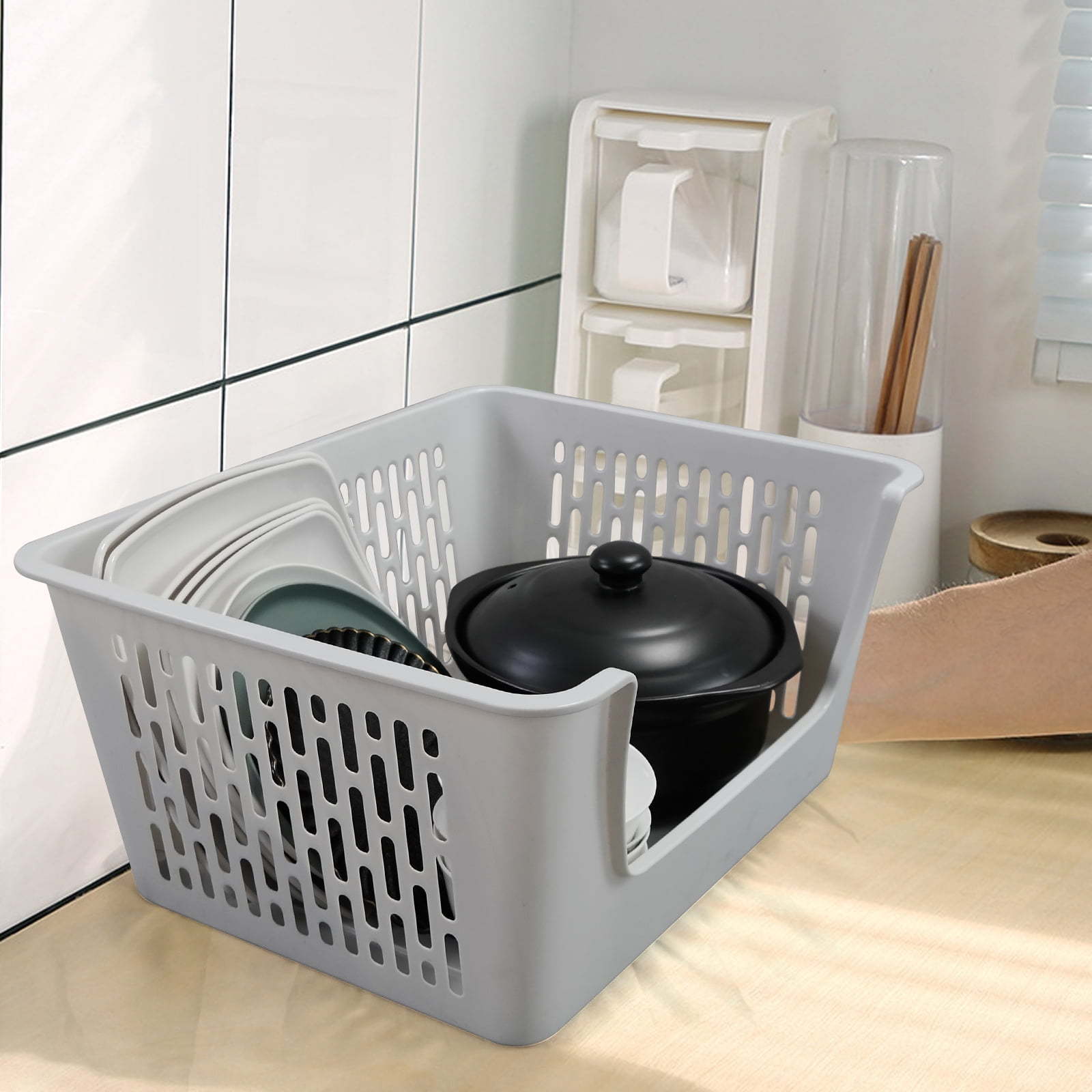 Vcansay 3 Packs Plastic Stacking Storage Basket, Large Stacking Bins with Wheels, Gray