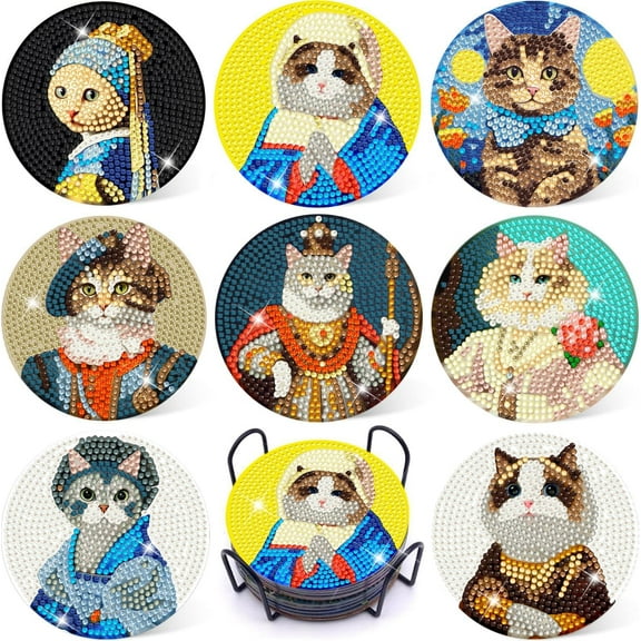 8PCs Diamond Paintings Coasters Kits Set, Funny Cat Diamond Art Coasters with Holder, DIY Crafts Diamond Art Kits Adult Craft Diamond Dots Gift