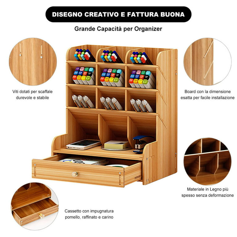 Delaman Wooden Desk Organizer, Multi-Functional DIY Pen Holder Desktop  Storage Boxes , Desktop Stationary,Home Office Supply Storage Rack with  Drawer 