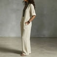 thumbnail image 3 of Morttic Women's Boho Jumpsuit – Stand Collar Embroidered Short Sleeve Wide Leg Jumpsuit with Pockets Casual Vacation Outfit Apricot，XL, 3 of 5
