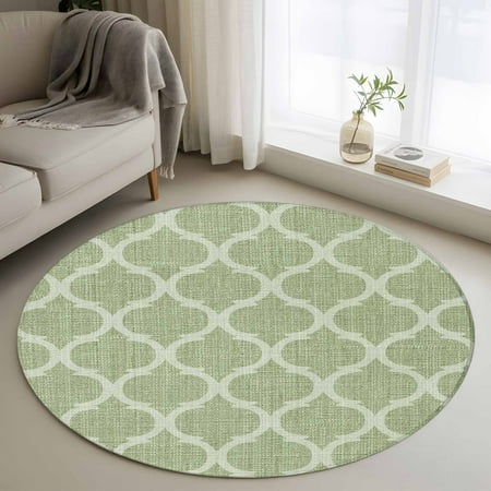 3ft Washable Round Rug Grass Green Plaid Non-Slip Circle Area Rug for Bedroom Bedside Retro Country Moroccan National Geometrical Plaid Soft Indoor Floor Mat for Home Decor
