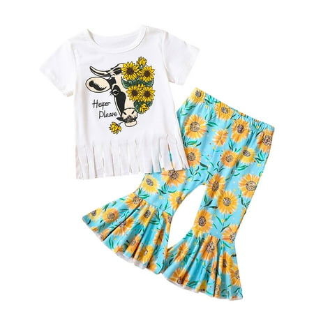 

Rovga Outfits For Girls Toddler Short Sleeve Sunflower Cartoon Cow Printed Tassels T Shirt Tops Bell Bottoms Pants Kids Outfits For 2-3 Years