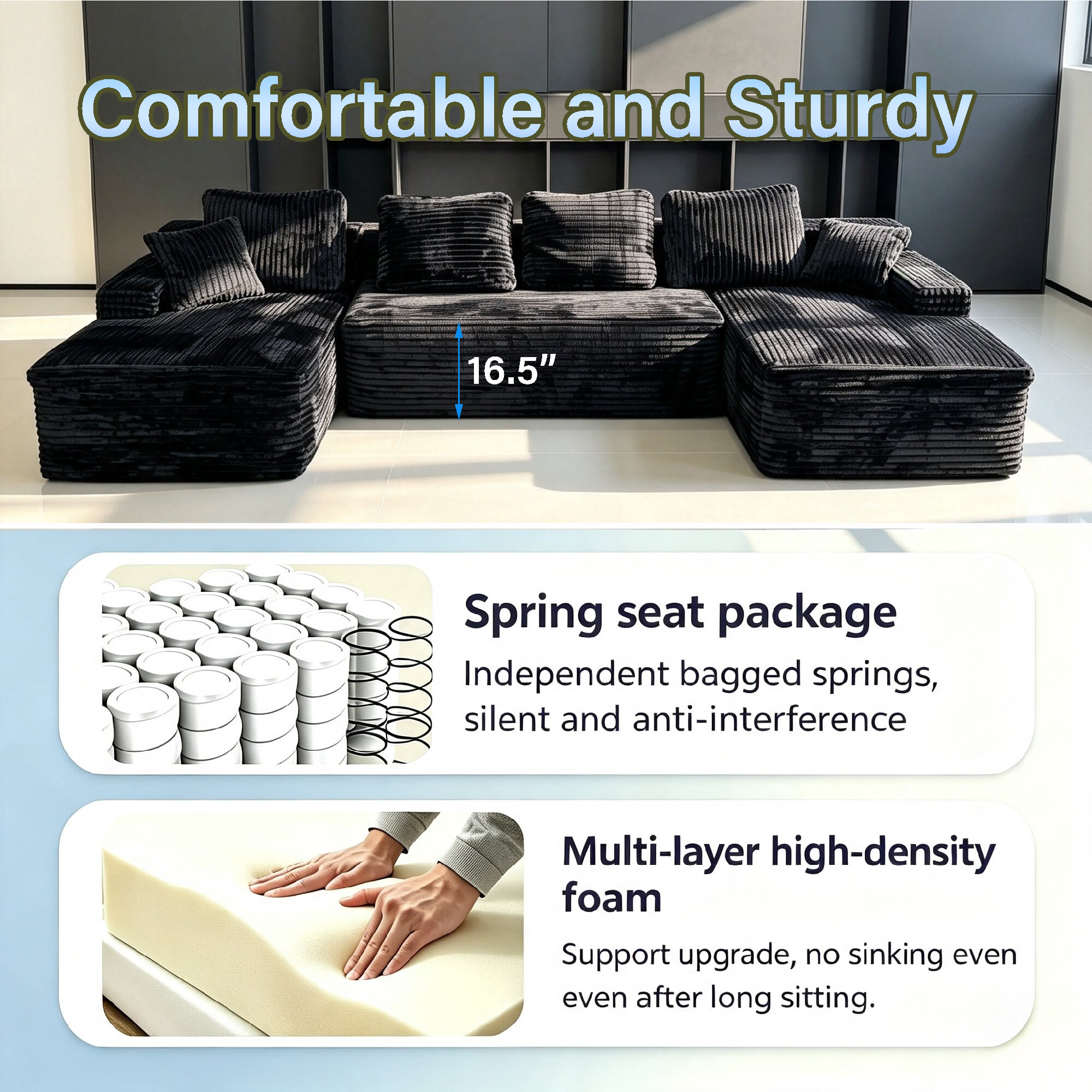 Howcool 131" U‑Shaped Modular Sectional Sofa with Deep Seat Chaise,Corduroy 4‑Seat Boneless Cloud Couch,Compressed Sofa for Living Room,No Assembly Required,Black