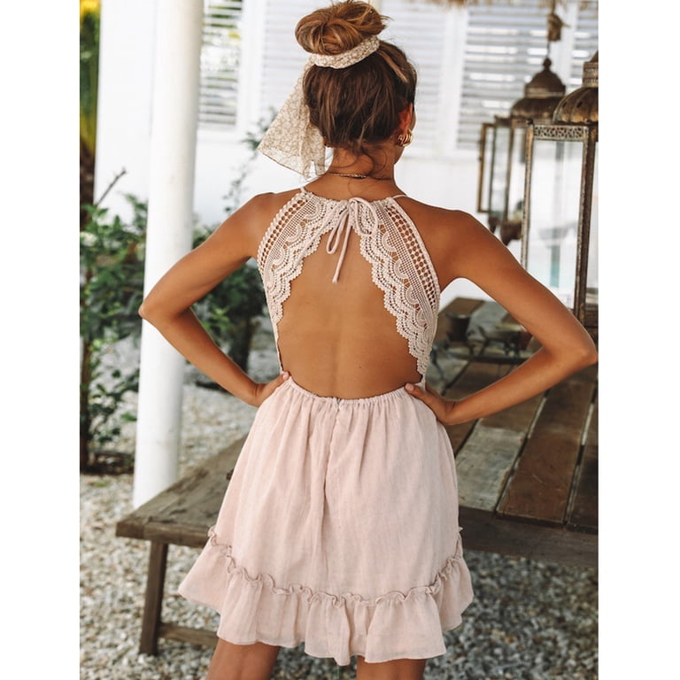 ALigoa Women's V-Neck Spaghetti Strap Backless Solid Lace Mini Skater Dress  Beach Dress for Vacation, Daily Wear, Wedding - Walmart.com
