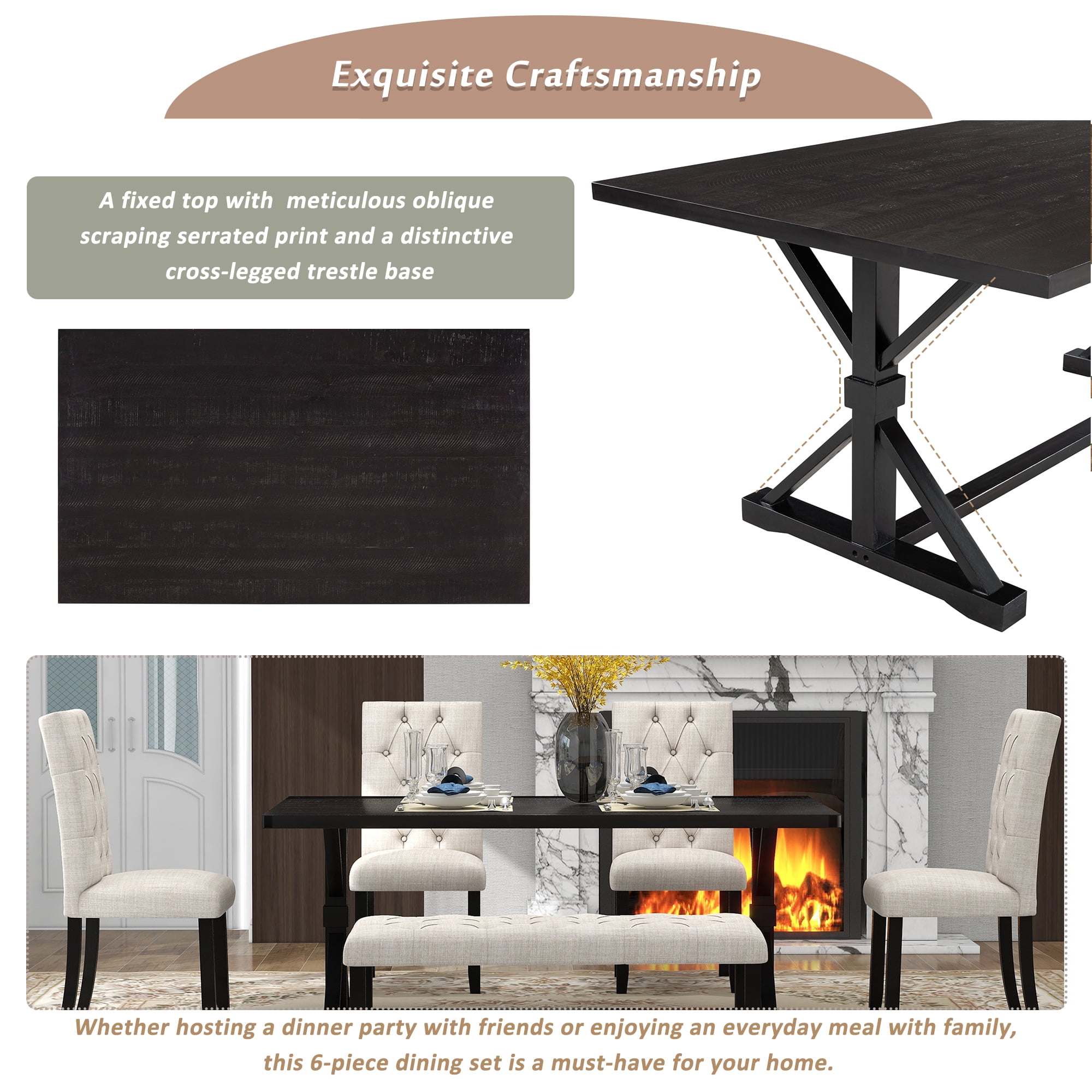 Howcool 6-Piece Farmhouse Dining Set, 72" Rectangular Wood Table, 4 Upholstered Chairs & Bench, Espresso