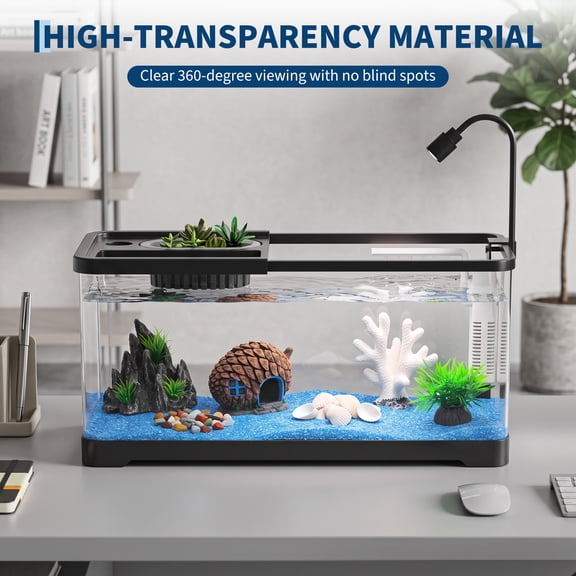 Mteryoing Complete Fish Tank Starter Kit with LED Light, Filter & Air Pump, 8-Piece Aquarium Set with Lid for Betta & Goldfish, Small & Large Sizes, Black