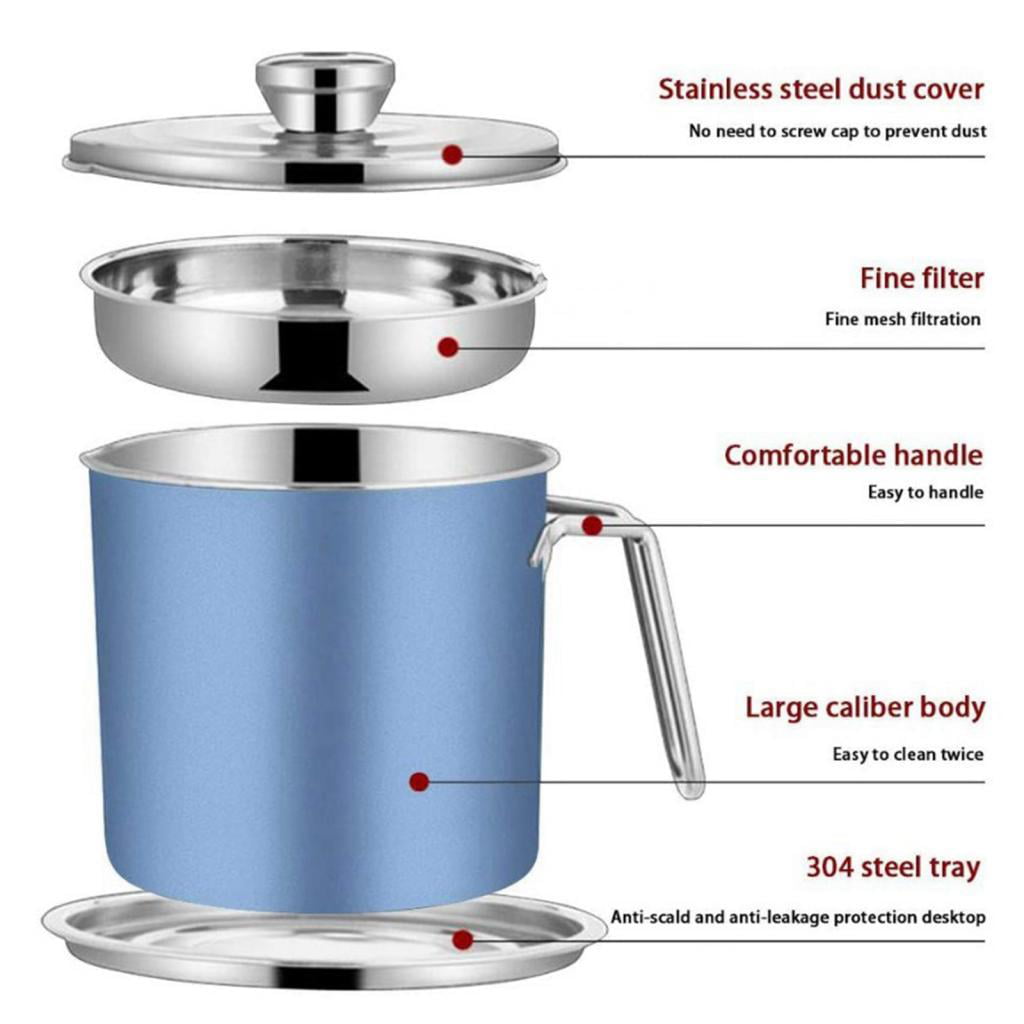 1.6L/2L Bacon Grease Keeper Container w/Strainer Stainless Steel Oil Storage Pot 