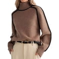 thumbnail image 2 of Female Mock Neck Pullover Sweaters Casual Fall Winter Long Sleeve Color Block Loose Knitted Tops Brown S, 2 of 10