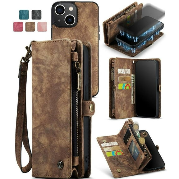 Case for iPhone 13 Detachable Card Holder Wallet Cover Trifold with TPU PC Handmade Leather Zipper Strong Magnetic