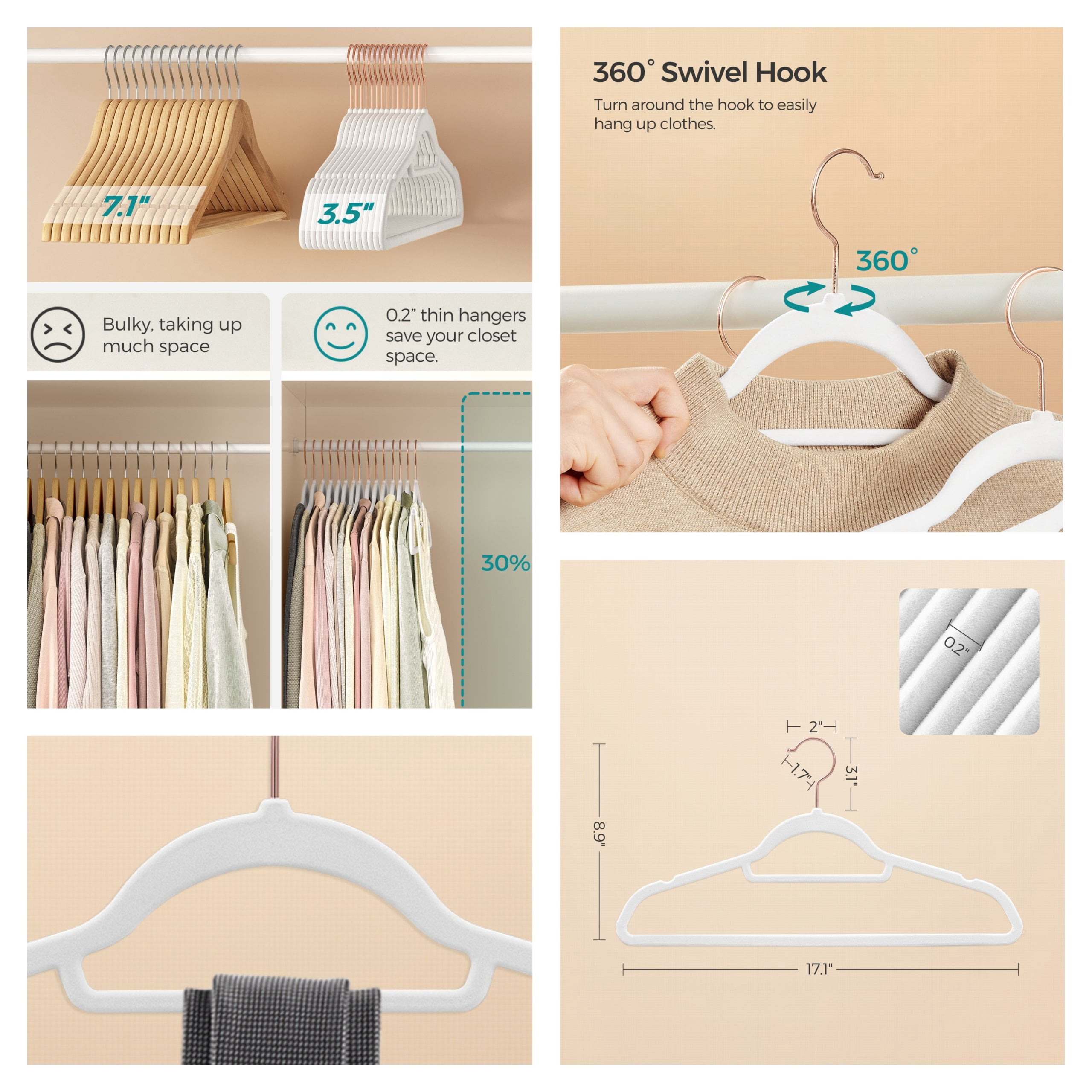 Ledrem 50-Count Cloud White Velvet Hangers, Space Saving