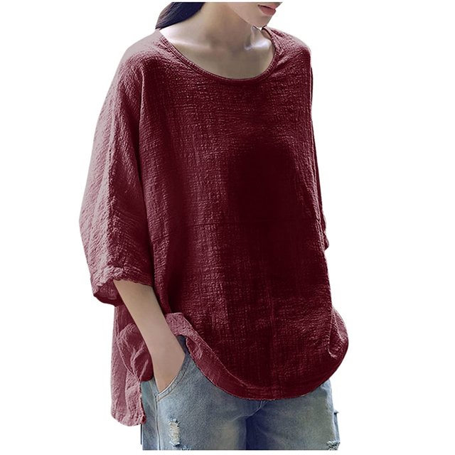 Leutsin Femmes Col Rond Uni Manches Trois Quarts Hauts en Coton Blouse T-shirt