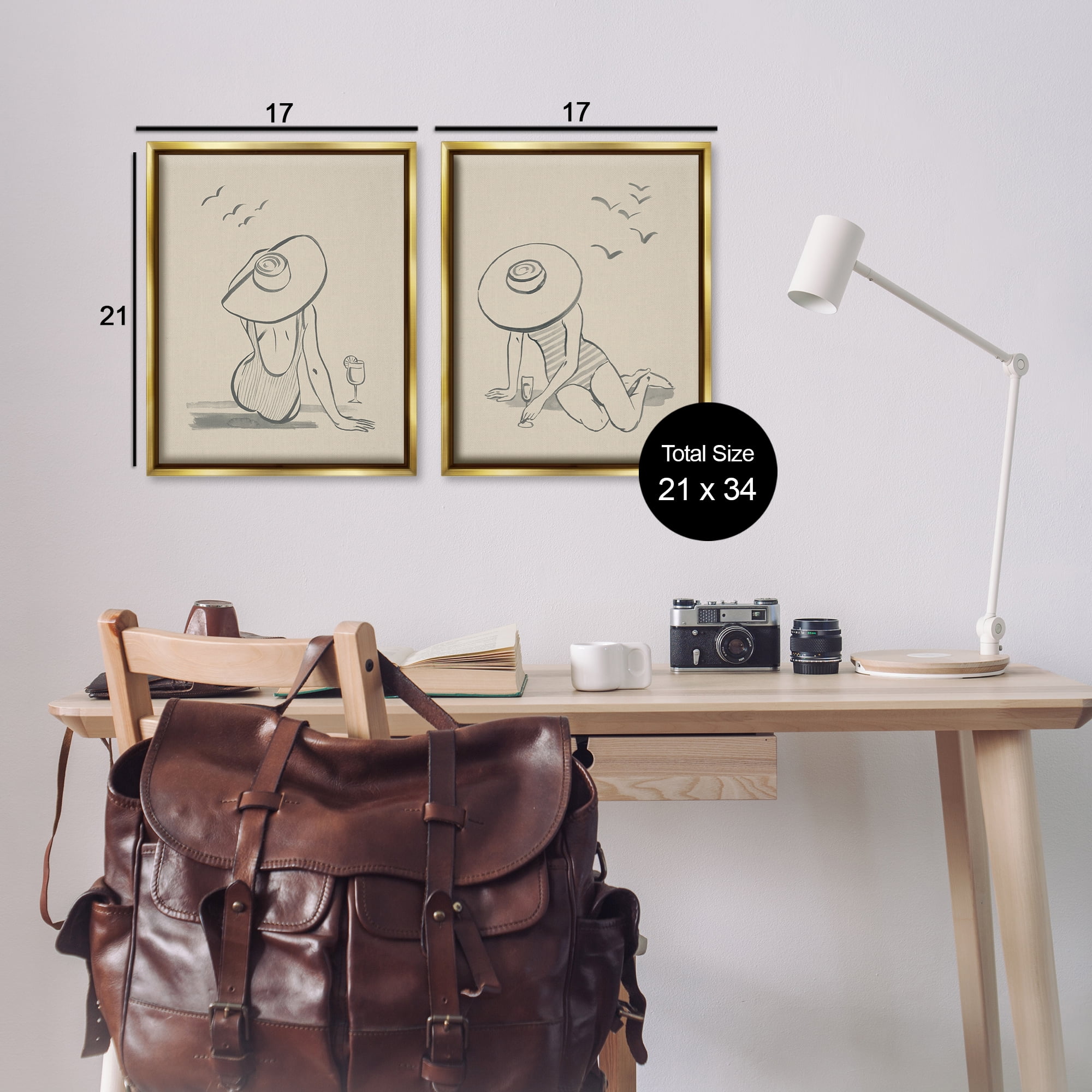 Stupell Industries Female Figure Drawing Poolside People Drawing Gold Floater Framed Canvas Art Print Wall Art, 17 x 21, Set of 2