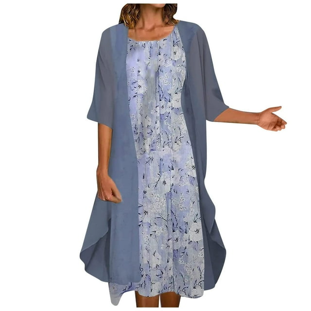 Pompotops Mode Femmes Décontracté Imprimé Floral Col Rond Robe Sans Manches Manteau Uni Ensemble Deux Pièces