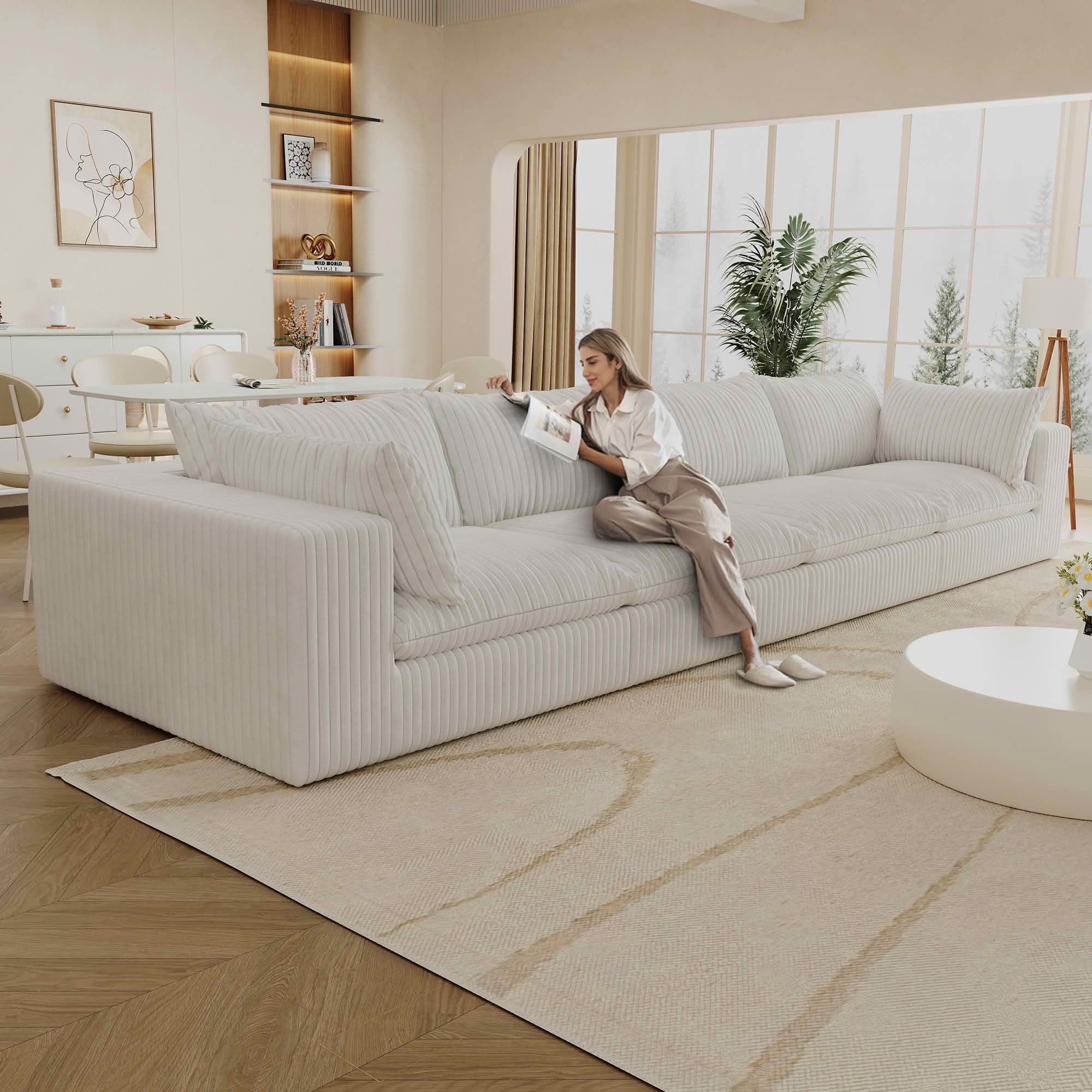 MAYEERTY 157.6" Cloud Corduroy Sofa, Deep Seat Double-Layer Design, Removable Cushion No Assembly, DIY Combination, White