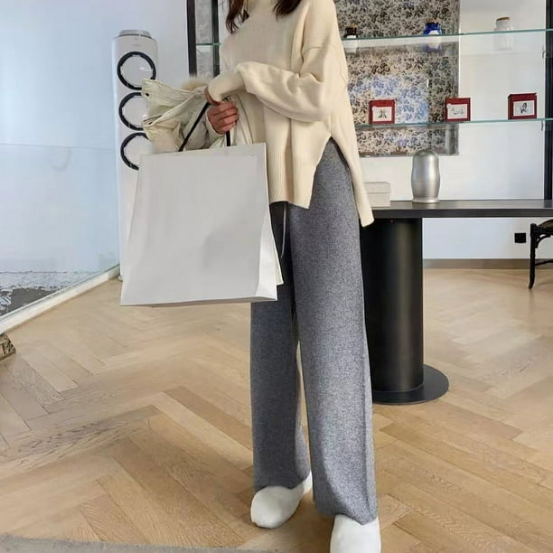 Pantalones anchos de punto de color blanco crema para mujer, pantalones rectos drapeados de cintura alta con banda elástica para otoño e invierno