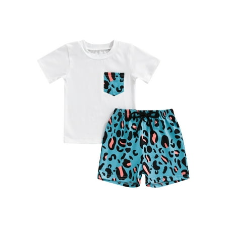 

Suanret Toddler Baby Boys 2Pcs Streetwear Outfits Infants Leopard Patchwork Pocket Short Sleeve T-shirts with Shorts Sets White 12-18 Months